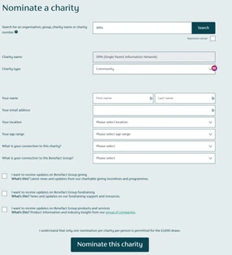 3. Fill in the form and click the "Nominate the charity" button when you've completed all fields.